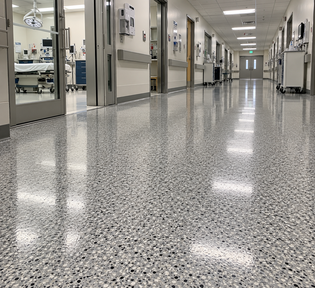 Decorative concrete floor in a commercial healthcare corridor