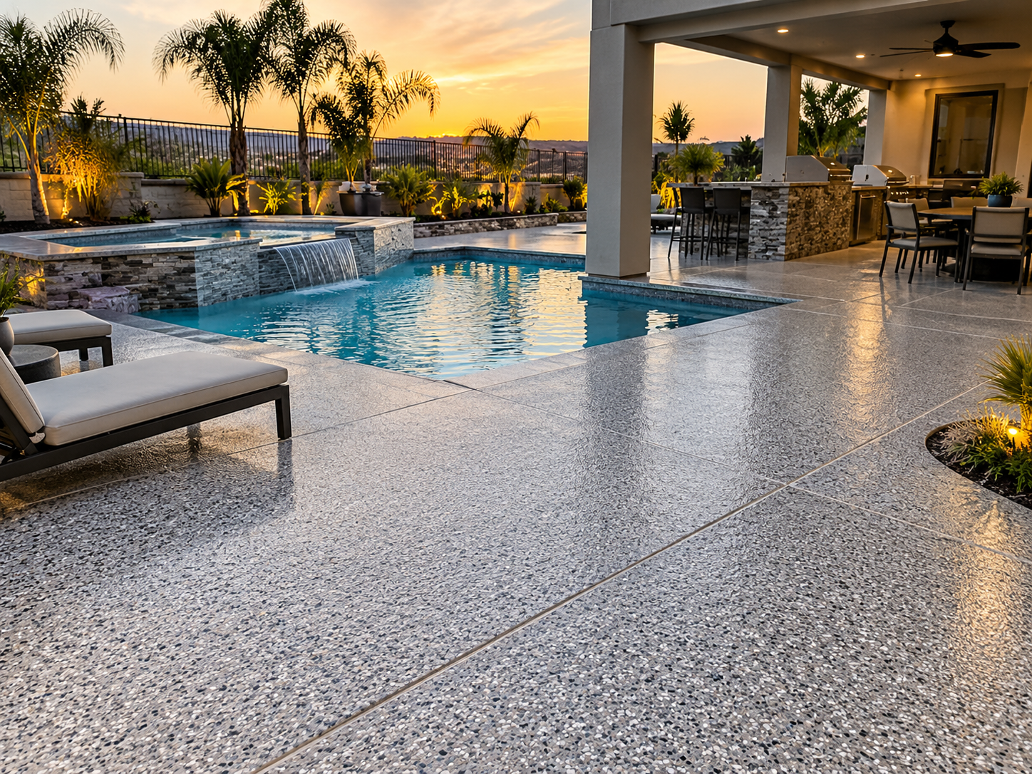 Decorative concrete coating around a residential pool and outdoor living area